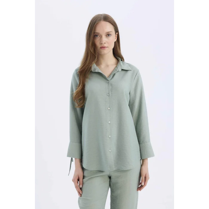 Defacto C3819 Yeşil Regular Fit Basic Düz Uzun Kollu Gömlek
