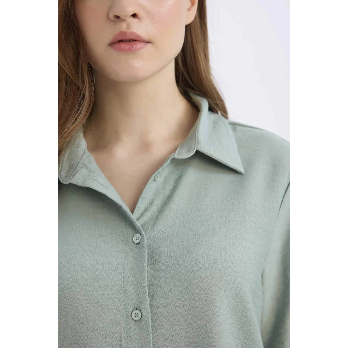 Defacto C3819 Yeşil Regular Fit Basic Düz Uzun Kollu Gömlek