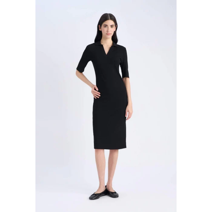 Defacto E6806 Siyah Bodycon Vücudu Saran Polo Yaka Fitilli Kaşkorse Kısa Kollu Midi Elbise
