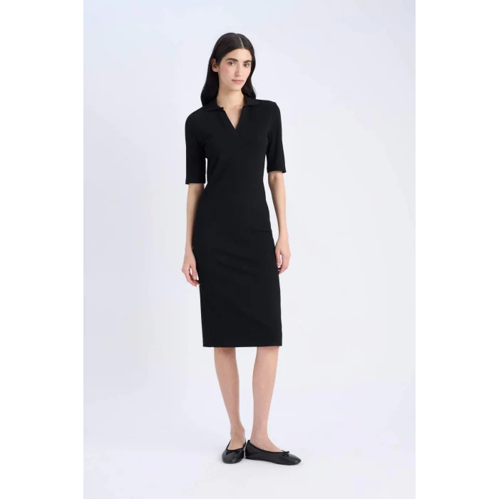Defacto E6806 Siyah Bodycon Vücudu Saran Polo Yaka Fitilli Kaşkorse Kısa Kollu Midi Elbise