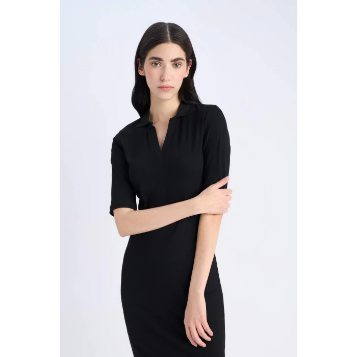 Defacto E6806 Siyah Bodycon Vücudu Saran Polo Yaka Fitilli Kaşkorse Kısa Kollu Midi Elbise