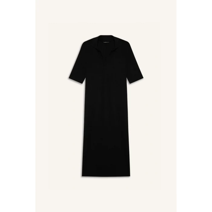 Defacto E6806 Siyah Bodycon Vücudu Saran Polo Yaka Fitilli Kaşkorse Kısa Kollu Midi Elbise