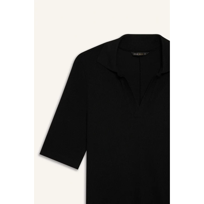 Defacto E6806 Siyah Bodycon Vücudu Saran Polo Yaka Fitilli Kaşkorse Kısa Kollu Midi Elbise