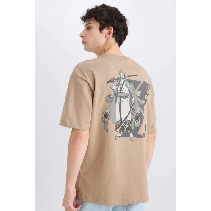 Defacto D5619 Bej One Piece Boxy Fit Bisiklet Yaka Sırt Baskılı Kısa Kollu Tişört
