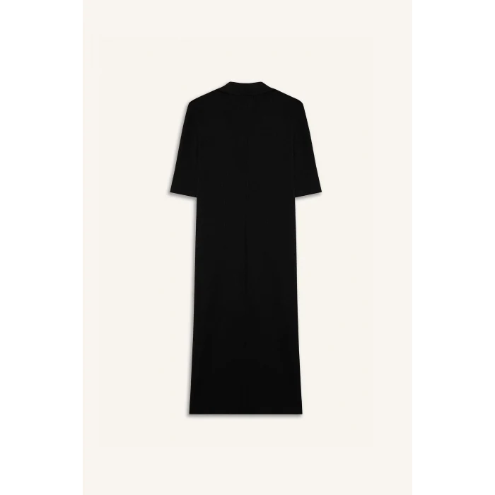 Defacto E6806 Siyah Bodycon Vücudu Saran Polo Yaka Fitilli Kaşkorse Kısa Kollu Midi Elbise