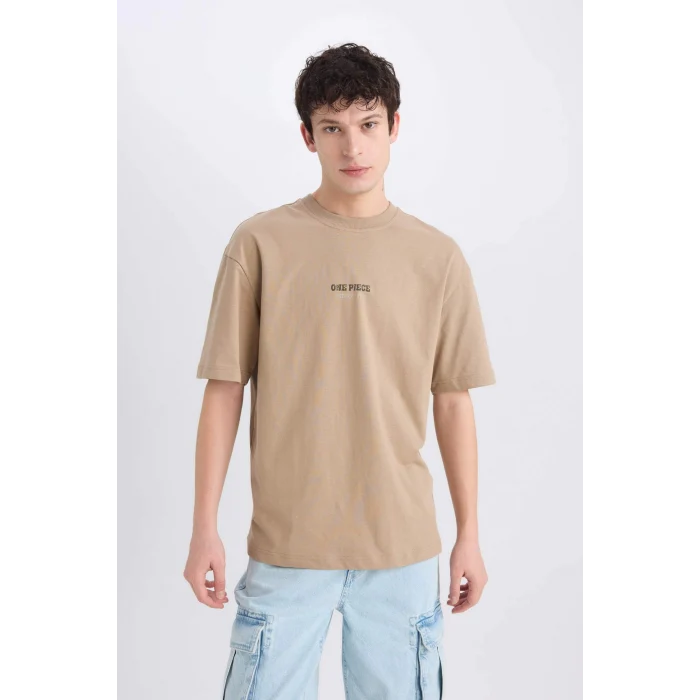 Defacto D5619 Bej One Piece Boxy Fit Bisiklet Yaka Sırt Baskılı Kısa Kollu Tişört