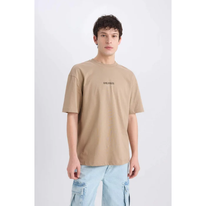 Defacto D5619 Bej One Piece Boxy Fit Bisiklet Yaka Sırt Baskılı Kısa Kollu Tişört