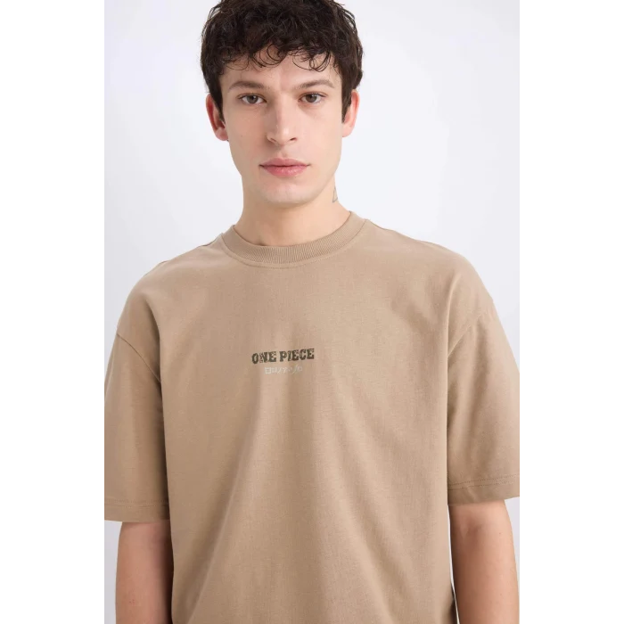 Defacto D5619 Bej One Piece Boxy Fit Bisiklet Yaka Sırt Baskılı Kısa Kollu Tişört