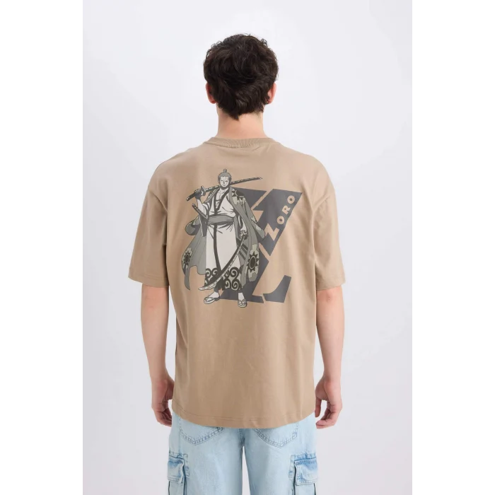 Defacto D5619 Bej One Piece Boxy Fit Bisiklet Yaka Sırt Baskılı Kısa Kollu Tişört