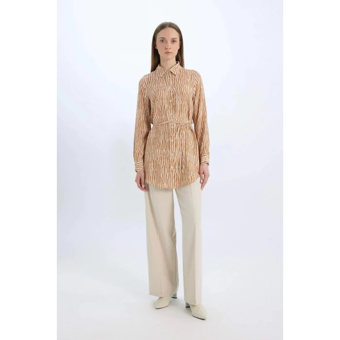 Defacto E1758 Turuncu Regular Fit Desenli Kuşaklı Uzun Kollu Gömlek Tunik