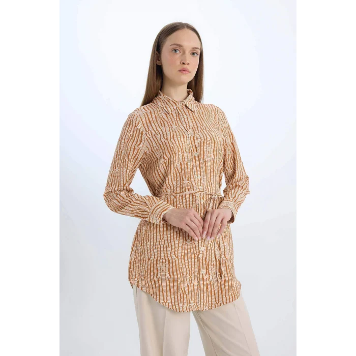 Defacto E1758 Turuncu Regular Fit Desenli Kuşaklı Uzun Kollu Gömlek Tunik