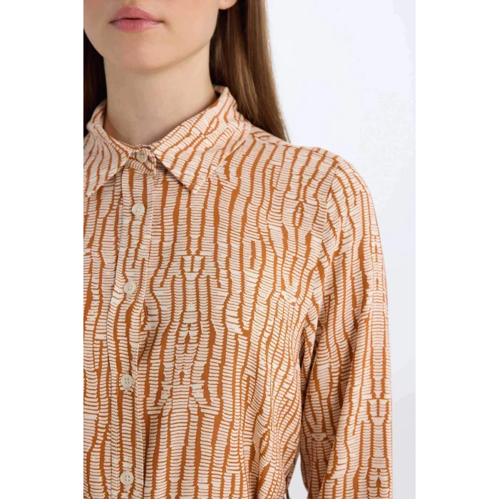 Defacto E1758 Turuncu Regular Fit Desenli Kuşaklı Uzun Kollu Gömlek Tunik