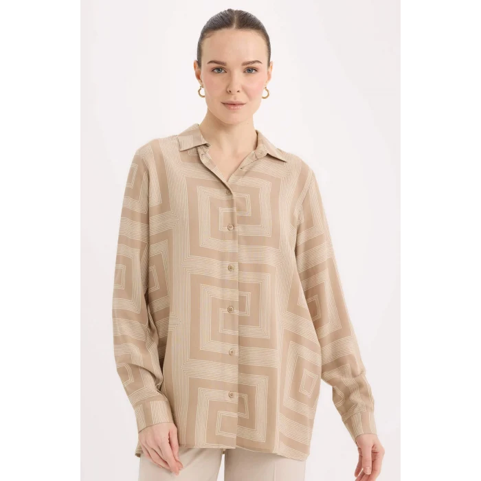Defacto T0609 Bej Loose Fit Gömlek Yaka Desenli Uzun Kollu Gömlek Tunik