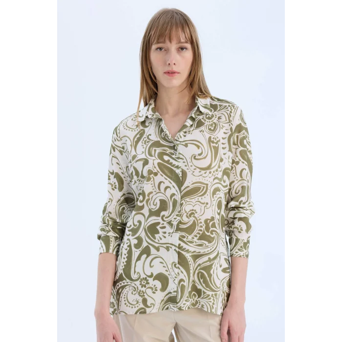 Defacto E4347 Haki Oversize Geniş Kalıp Gömlek Yaka Baskılı Uzun Kollu Tunik