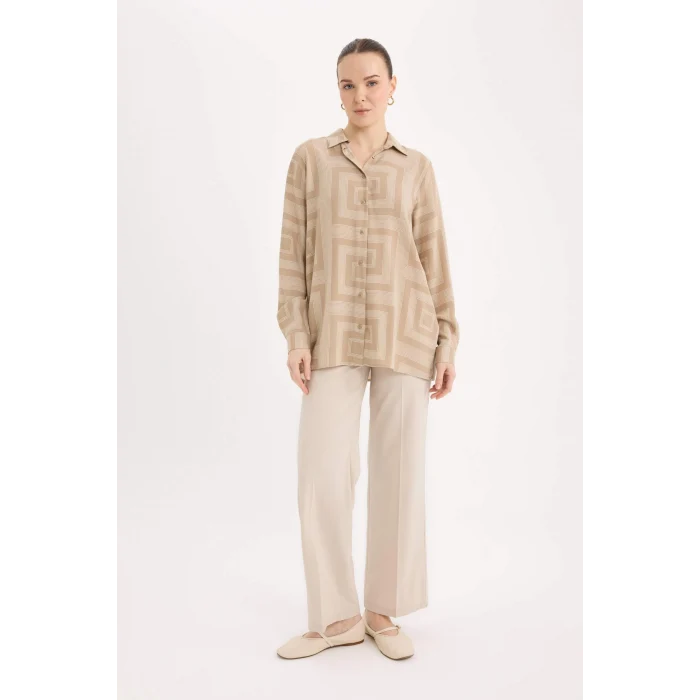Defacto T0609 Bej Loose Fit Gömlek Yaka Desenli Uzun Kollu Gömlek Tunik