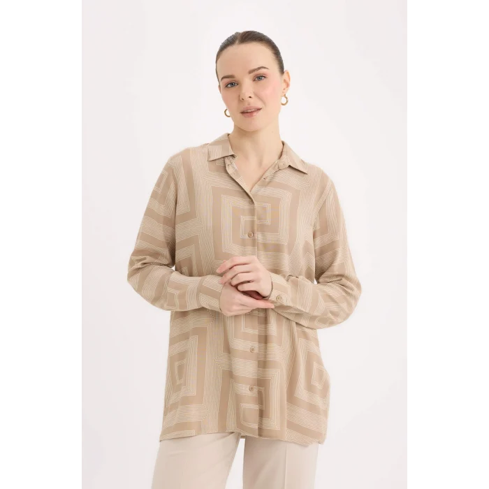 Defacto T0609 Bej Loose Fit Gömlek Yaka Desenli Uzun Kollu Gömlek Tunik