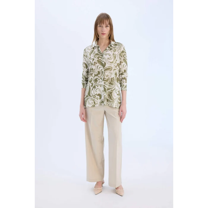 Defacto E4347 Haki Oversize Geniş Kalıp Gömlek Yaka Baskılı Uzun Kollu Tunik