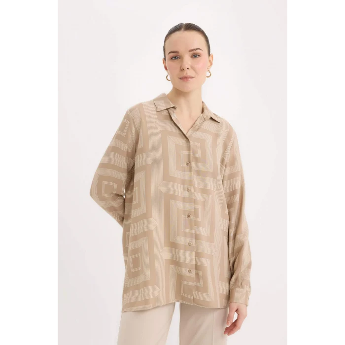 Defacto T0609 Bej Loose Fit Gömlek Yaka Desenli Uzun Kollu Gömlek Tunik