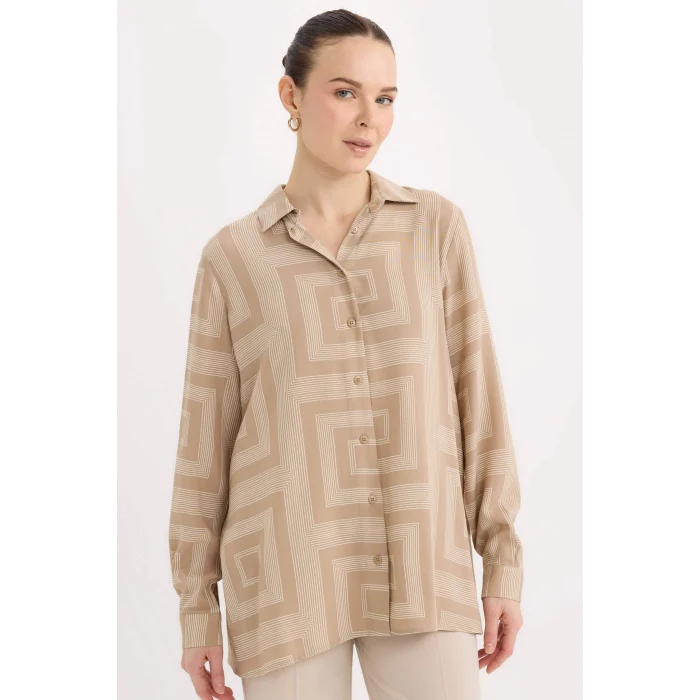 Defacto T0609 Bej Loose Fit Gömlek Yaka Desenli Uzun Kollu Gömlek Tunik