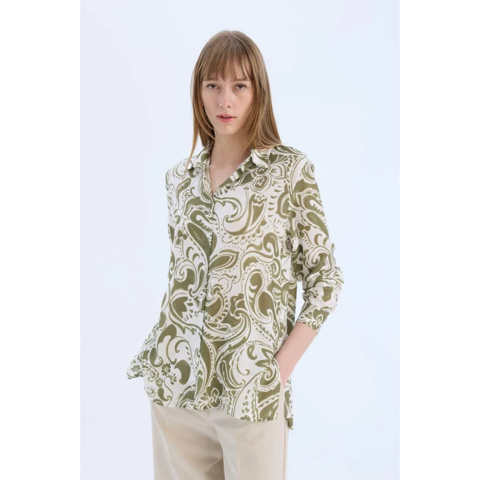 Defacto E4347 Haki Oversize Geniş Kalıp Gömlek Yaka Baskılı Uzun Kollu Tunik