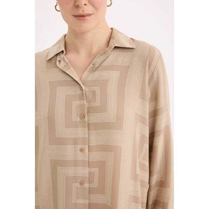 Defacto T0609 Bej Loose Fit Gömlek Yaka Desenli Uzun Kollu Gömlek Tunik