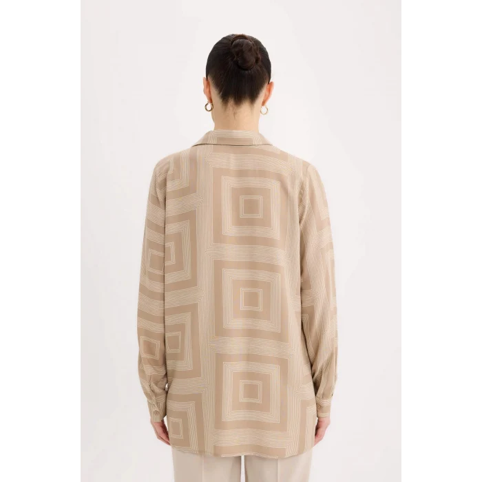 Defacto T0609 Bej Loose Fit Gömlek Yaka Desenli Uzun Kollu Gömlek Tunik