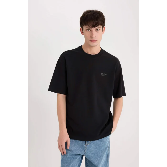 Defacto D5507 Siyah Boxy Fit Bisiklet Yaka Baskılı Kısa Kollu Ağır Kumaş Tişört