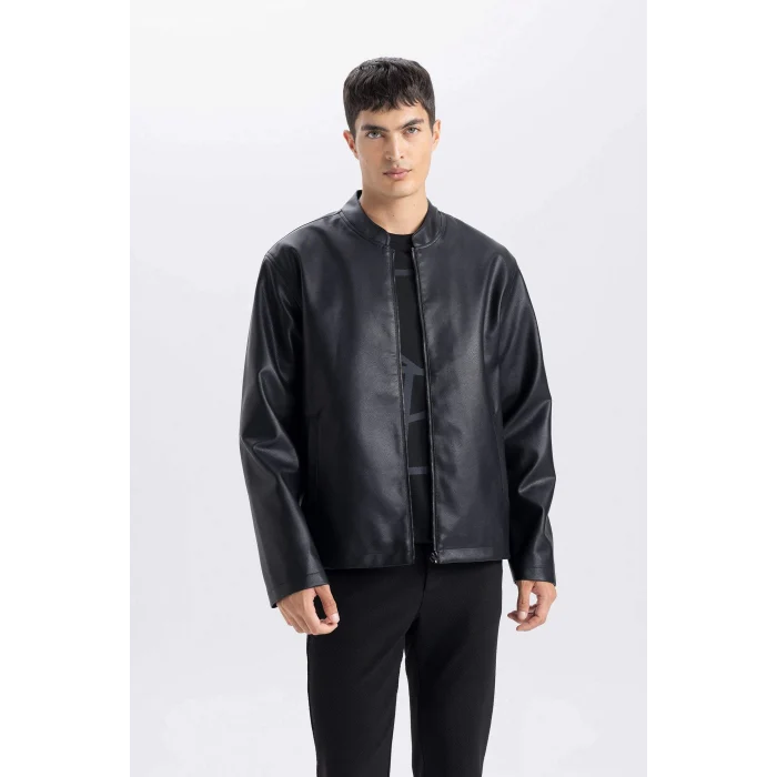 Defacto D8525 Siyah Su İtici Slim Fit Dar Kesim Dik Yaka Fermuarlı Suni Deri Mont