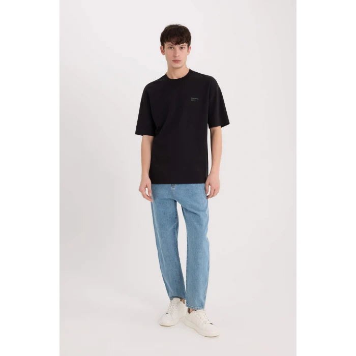 Defacto D5507 Siyah Boxy Fit Bisiklet Yaka Baskılı Kısa Kollu Ağır Kumaş Tişört