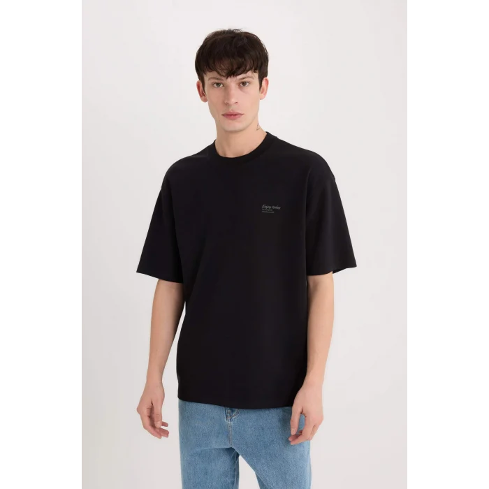 Defacto D5507 Siyah Boxy Fit Bisiklet Yaka Baskılı Kısa Kollu Ağır Kumaş Tişört