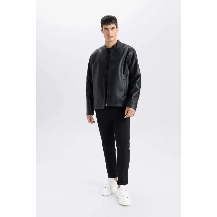 Defacto D8525 Siyah Su İtici Slim Fit Dar Kesim Dik Yaka Fermuarlı Suni Deri Mont