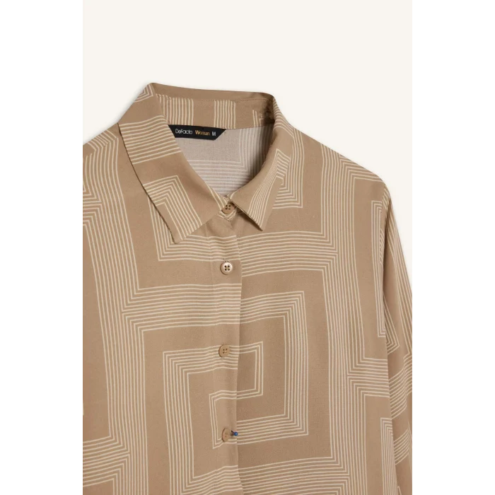 Defacto T0609 Bej Loose Fit Gömlek Yaka Desenli Uzun Kollu Gömlek Tunik