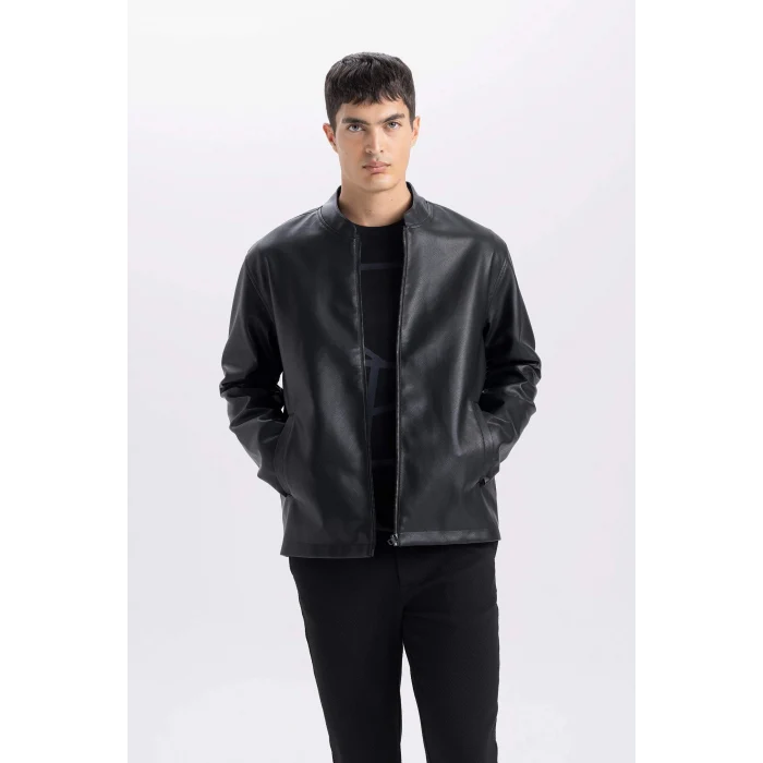 Defacto D8525 Siyah Su İtici Slim Fit Dar Kesim Dik Yaka Fermuarlı Suni Deri Mont