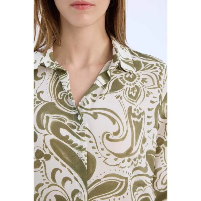 Defacto E4347 Haki Oversize Geniş Kalıp Gömlek Yaka Baskılı Uzun Kollu Tunik