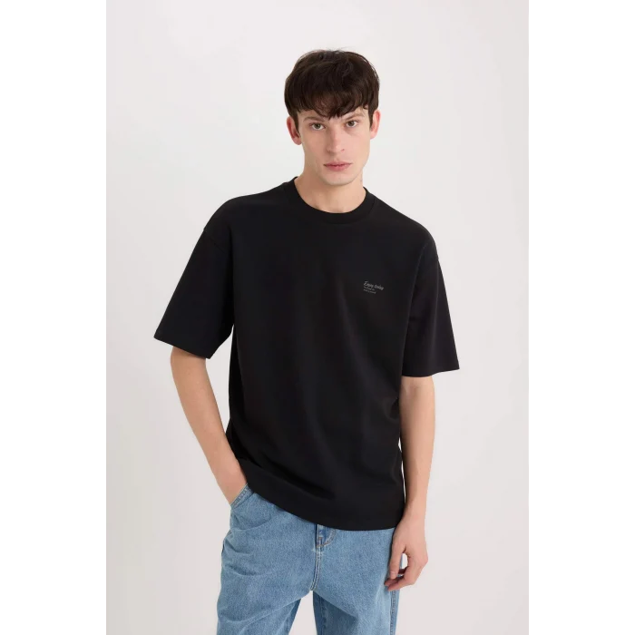 Defacto D5507 Siyah Boxy Fit Bisiklet Yaka Baskılı Kısa Kollu Ağır Kumaş Tişört