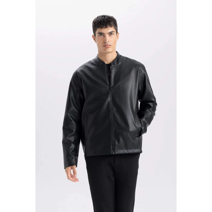 Defacto D8525 Siyah Su İtici Slim Fit Dar Kesim Dik Yaka Fermuarlı Suni Deri Mont