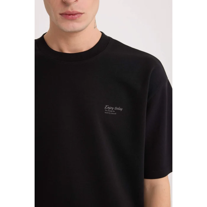 Defacto D5507 Siyah Boxy Fit Bisiklet Yaka Baskılı Kısa Kollu Ağır Kumaş Tişört