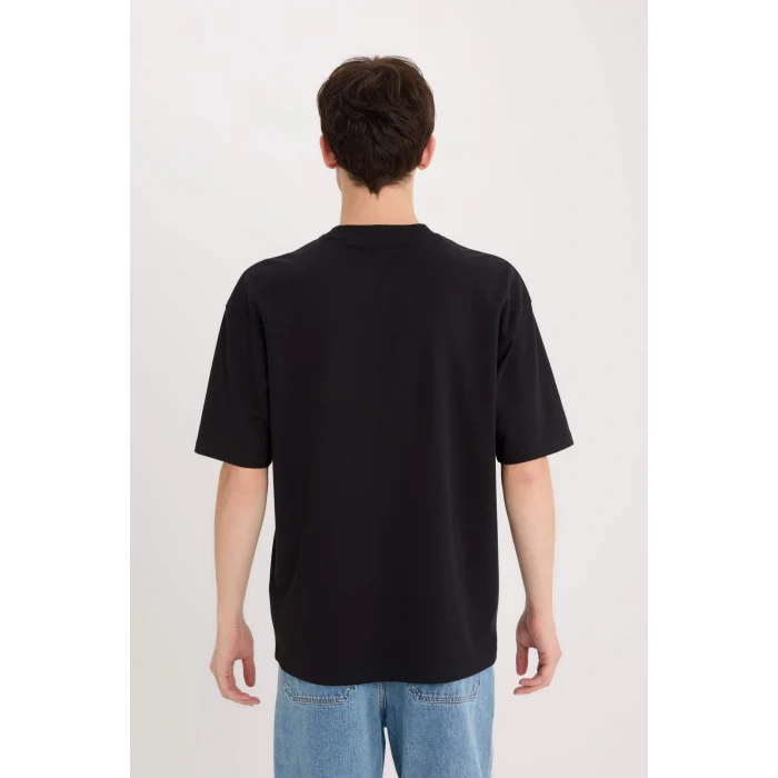 Defacto D5507 Siyah Boxy Fit Bisiklet Yaka Baskılı Kısa Kollu Ağır Kumaş Tişört