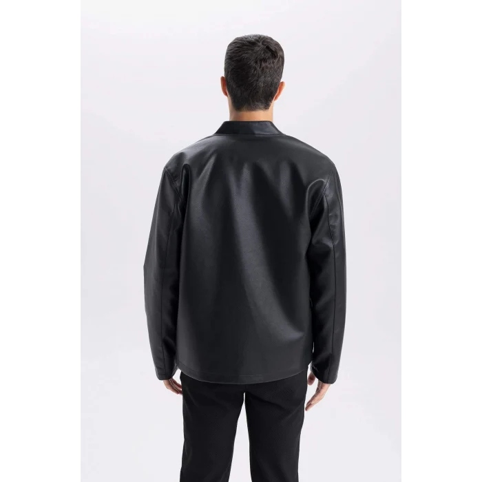 Defacto D8525 Siyah Su İtici Slim Fit Dar Kesim Dik Yaka Fermuarlı Suni Deri Mont