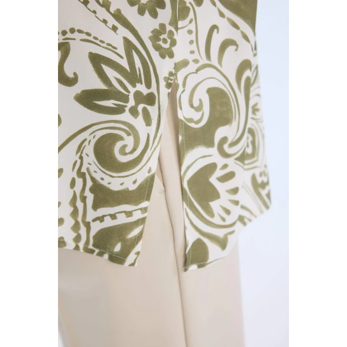 Defacto E4347 Haki Oversize Geniş Kalıp Gömlek Yaka Baskılı Uzun Kollu Tunik