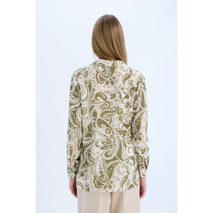 Defacto E4347 Haki Oversize Geniş Kalıp Gömlek Yaka Baskılı Uzun Kollu Tunik