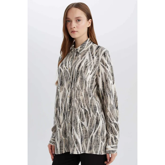 Defacto E0786 Siyah Regular Fit Desenli Uzun Kollu Gömlek Tunik