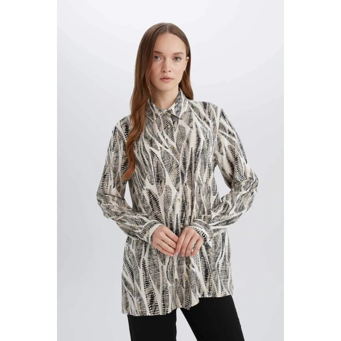 Defacto E0786 Siyah Regular Fit Desenli Uzun Kollu Gömlek Tunik
