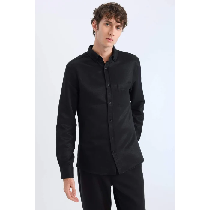 Defacto T2066 Siyah Slim Fit Dar Kesim Polo Yaka Dokulu Uzun Kollu Gömlek