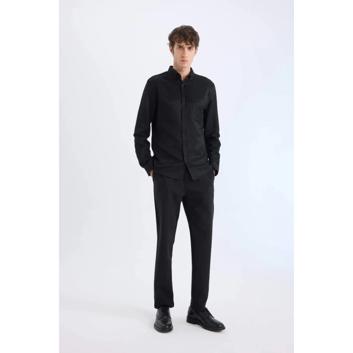 Defacto T2066 Siyah Slim Fit Dar Kesim Polo Yaka Dokulu Uzun Kollu Gömlek