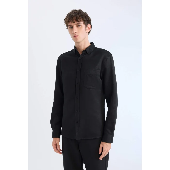 Defacto T2066 Siyah Slim Fit Dar Kesim Polo Yaka Dokulu Uzun Kollu Gömlek