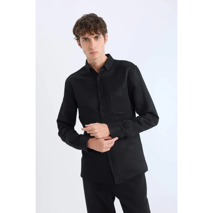 Defacto T2066 Siyah Slim Fit Dar Kesim Polo Yaka Dokulu Uzun Kollu Gömlek