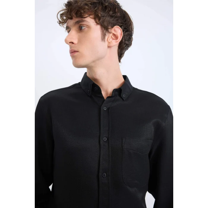 Defacto T2066 Siyah Slim Fit Dar Kesim Polo Yaka Dokulu Uzun Kollu Gömlek