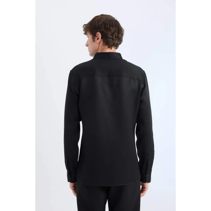 Defacto T2066 Siyah Slim Fit Dar Kesim Polo Yaka Dokulu Uzun Kollu Gömlek