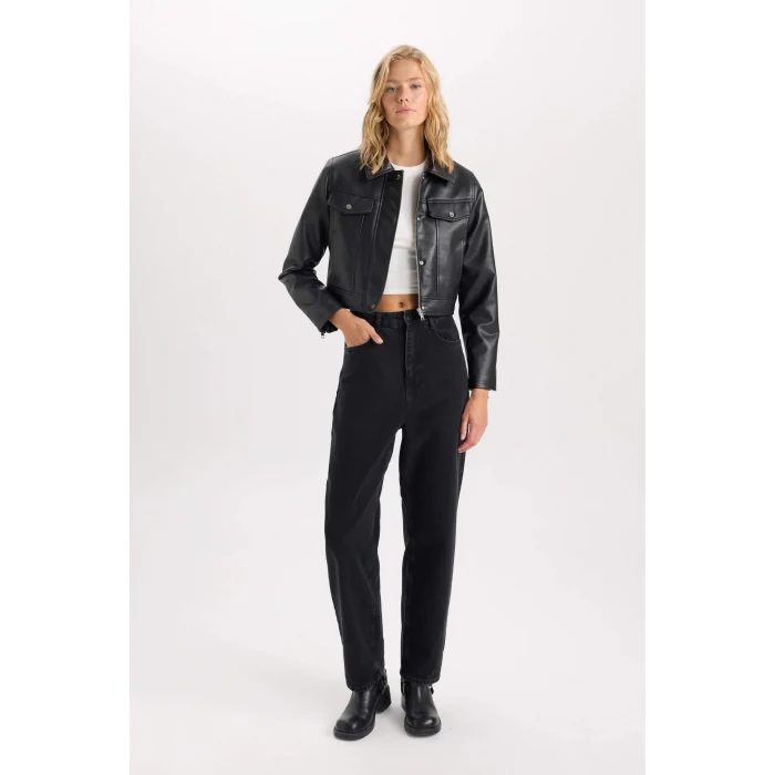 Defacto D5774 Siyah Su İtici Suni Deri Mont Polo Yaka Cepli Fermuarlı Çıtçıtlı